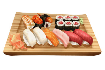 Premium realistic hand-drawn watercolor illustration of sushi set on wooden plate includes tuna hosomaki, salmon nigiri, tuna, shrimp, eel or unagi, and salmon roe or ikura gunkan maki. Isolated.