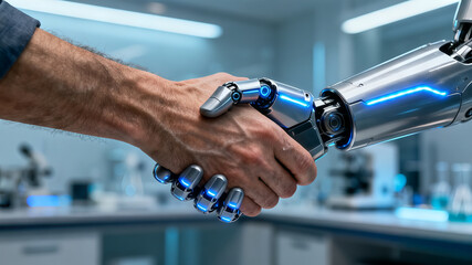 Close up of human hand shaking robotic hand in high-tech laboratory. Concept of AI development and man-machine integration.