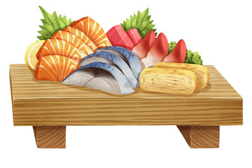 Premium realistic hand-drawn watercolor illustration of sashimi set on wooden geta includes salmon, tuna, surf clam or hokkigai, mackerel or saba, and tamagoyaki with shiso leaves and lemon. Isolated.