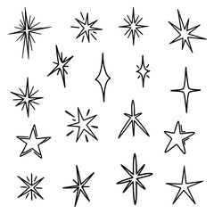 Obraz premium Hand drawn sparkle star doodle vector set with black shine icons