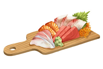 Premium realistic hand-drawn watercolor illustration of sashimi set on wooden paddle-style cutting board includes salmon, tuna, hamachi and white fish with shiso leaves and wasabi. Isolated background