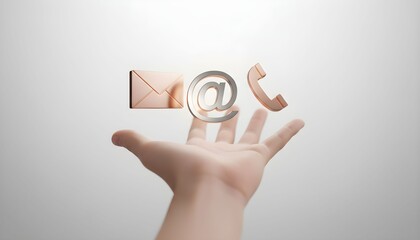A hand presents communication symbols including an envelope, at sign, and phone icon against a gray background.