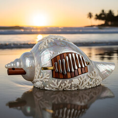 Beautiful shell shaped musical instrument on beach at sunset