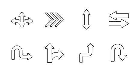 Direction set icon. Arrow, up, down, turn, curve, u-turn, route, movement, navigation, signpost, decision, street, traffic flow, wayfinding © Anastasia