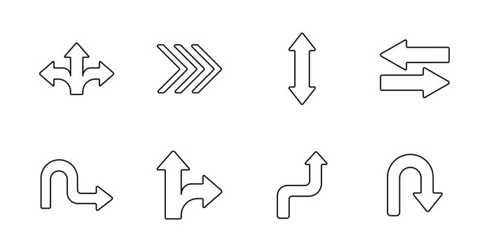 Direction set icon. Arrow, up, down, turn, curve, u-turn, route, movement, navigation, signpost, decision, street, traffic flow, wayfinding