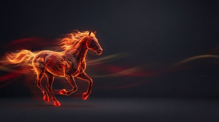Fiery horse running dynamically with flowing mane and tail, symbolizing the 2026 Chinese New Year of the red horse, against a dark background with subtle Chinese patterns and lanterns