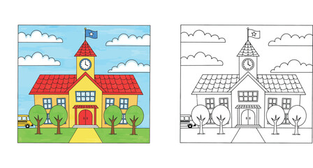 Fototapeta premium School Building Illustration and Coloring Page for Kids, Educational Background with School Bus and Trees, Vector Cartoon Style Schoolhouse Design for Students Back to School Activity
