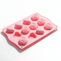 Pink silicone mold with rose and heart shapes for baking