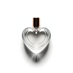 Elegant heart shaped perfume bottle with rose gold cap on white background