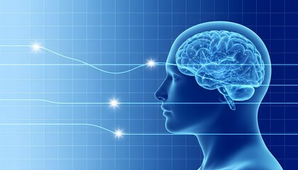 A person with a detailed brain illustration is shown in profile against a technological background with glowing connections.