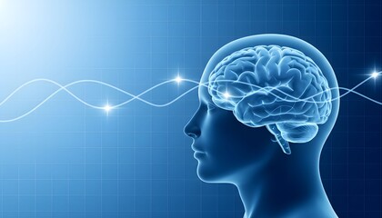 A person with a glowing brain and neural connections represents intelligence and thought process in a dark blue background with abstract light effects.