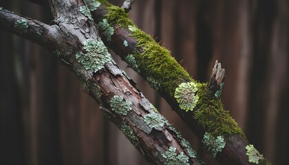 A close-up view of a mossy tree branch in a dense forest with lichen and green moss growing on it