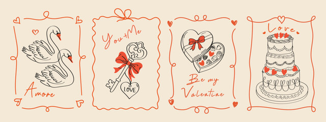 Vintage Valentine&rsquo;s Day card set with heart, swans, cake, candies and romantic line art illustrations. Elegant coquette template for poster, invitation, menu, celebration, branding, labels