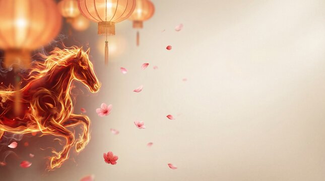 Vibrant illustration of a fiery horse running under chinese lanterns celebrating 2026 chinese new year with a red horse concept background