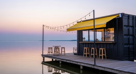 Serene outdoor bar on wooden deck overlooking calm lake during golden hour with string lights and yellow canopy