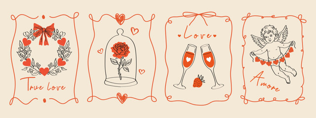 Vintage Valentine&rsquo;s Day card set with romantic hand drawn elements. Cute hearts, Cupid doodle, rose and bows in elegant coquette line art style.Vector templates for posters, invitations, menus, brandi
