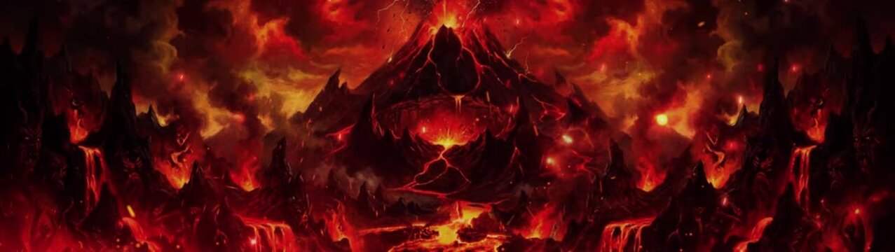 Epic Volcanic Eruption with Flowing Lava and Fiery Ash Clouds Background