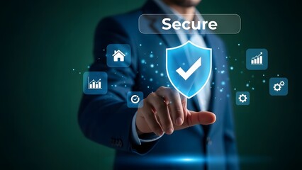 Businessman interacting with a digital shield and security icons