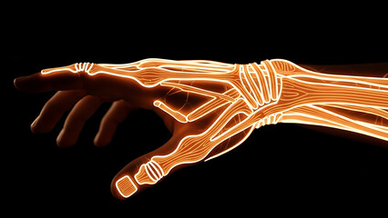Futuristic digital hand anatomy with glowing orange musculoskeletal lines on a solid black background.
