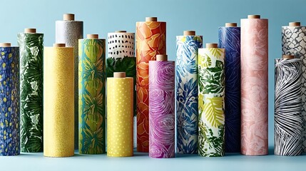 Rolls of colorful patterned fabric with tropical leaves, florals, geometrics and abstract textures, perfect for crafts, upholstery, wallpaper samples and home decor projects