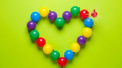 Heart Shape Made of Colorful Balloons on Green Background stock