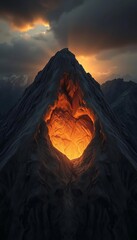 Fototapeta premium Mountain's stony heart cradles a canvas jewel, a fragile human imprint against vast, dark grandeur, etched by celestial light from the heavens, high altitude dwelling, outdoor exploration