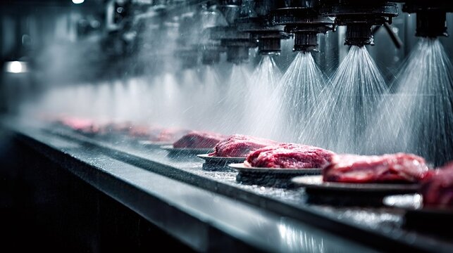 Raw meat portions move along a factory conveyor belt, undergoing a cleaning process with water sprays ensuring industrial hygiene and food safety during mass production