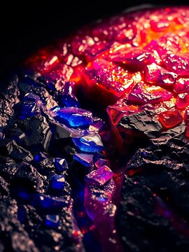 Molten sapphire cascades across polished obsidian, catching light in a radiant, textured flow,  texture,  detail