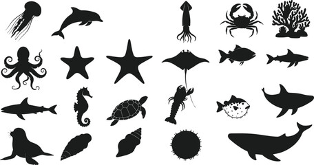 Marine life silhouette vector set with ocean animals fish mammals coral isolated on white background © Sumon Creative