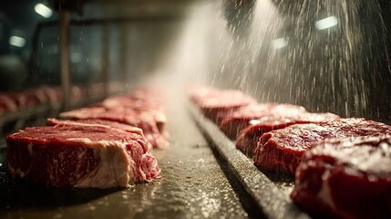Raw meat steaks are moving along a conveyor belt in a processing facility, receiving a wash or treatment from overhead water spray, highlighting industrial food production and safety procedures
