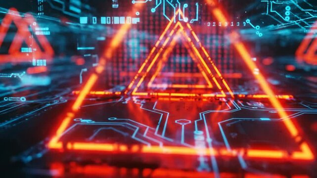 Futuristic neon triangular circuit tunnel with glowing digital grid.
