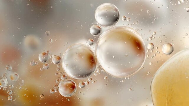 Macro shot of a golden emulsion with oil bubbles, perfect for illustrating innovative skincare, hydration, and dermocosmetic concepts in commercial projects
