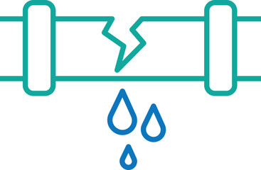 Critical plumbing failure: Cracked water pipe leaking blue drops, symbolizing urgent home repair, maintenance issues, and water damage risk vector graphic.