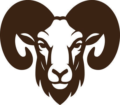 Intense Bighorn ram head illustration with massive curled horns and determined gaze, symbolizing strength and power in a bold monochrome vector graphic style.