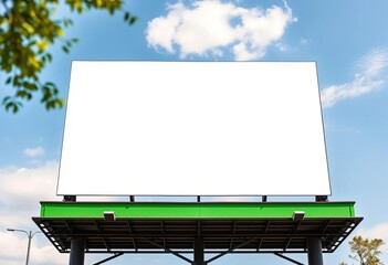 Bright, vibrant green billboard against a clear sky,  graphic,  information