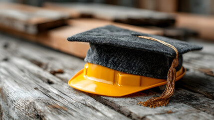Education Meets Construction: a symbolic still life juxtaposing a graduation cap and hard hat. This image represents the educational journey toward a career in the building industry