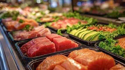 Freshly prepared cuts of tuna, salmon, and avocado are displayed in a refrigerated deli counter, offering a selection of healthy seafood options for customers
