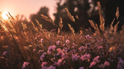 Golden Hour Meadow with Wildflowers and Tall Grasses