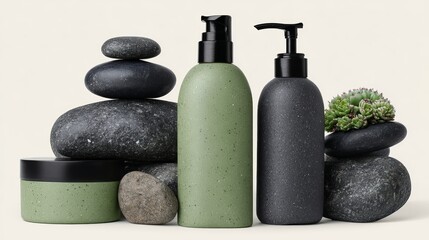 Spa Products with Natural Stones and Greenery.