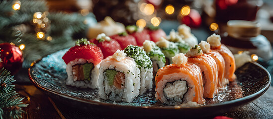 Japanese rolls and sushi on a festive table with Christmas decorations in the background