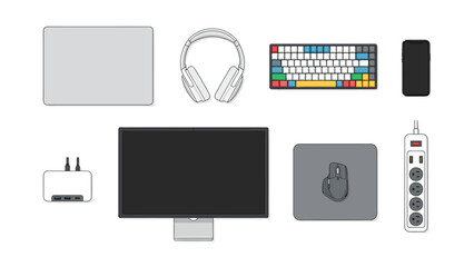 Flat Lay of Modern Tech Gadgets and Accessories on White Background