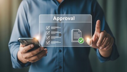 Man approving document on smartphone with augmented reality interface