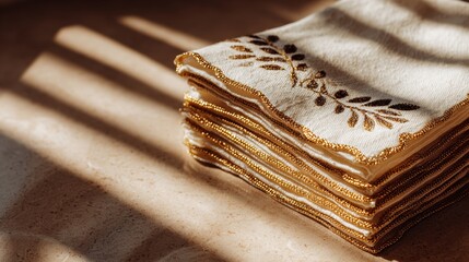 Stack of Embroidery Linen Napkins with Natural Light.