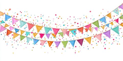 Bright colorful hanging flags garland with confetti for festive event backdrop