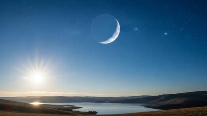 Crescent moon visible in daytime sky over serene landscape