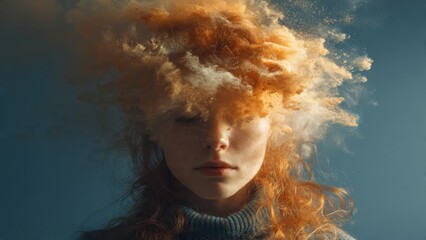 Reflective portrait of a woman with exploding colorful cloud for world introvert day concept