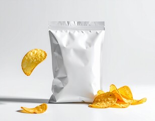 Potato Chips Package with Floating Chips on White Background