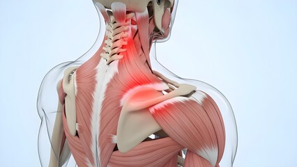Anatomical illustration showing a human shoulder and neck with painful areas highlighted in red