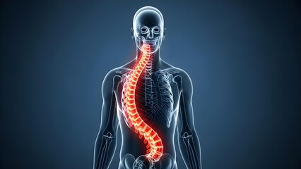 3D Rendering of Human Skeleton with Red Highlighted Spine, Signifying Back Pain or Spinal Condition