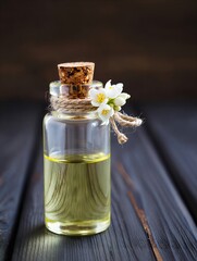 Aromatic Jasmine Essential Oil in a Glass Bottle with Cork Stopper Tied with Twine and Decorated with Delicate White Flowers